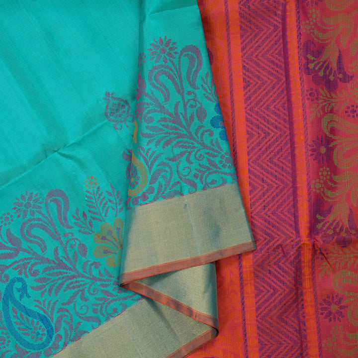 Hayagrivas Handloom Turquoise Kanjivaram Soft Silk Saree with Tissue Border KBE1554K1-2