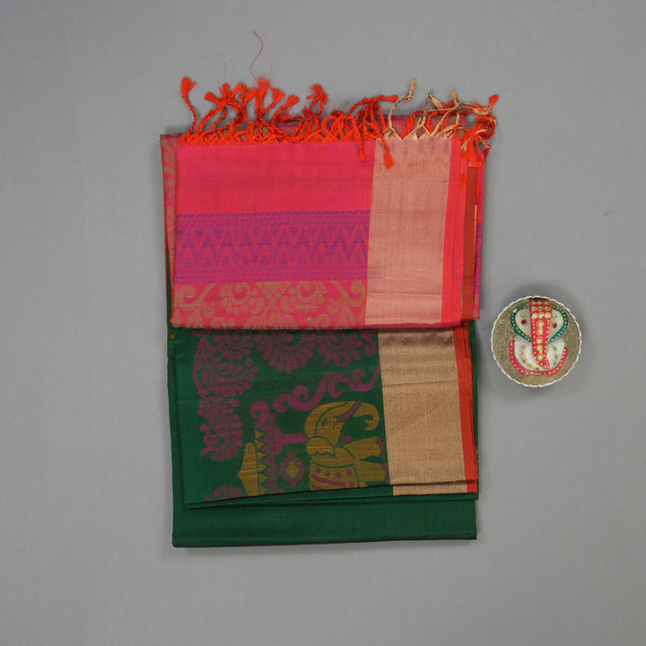 Hayagrivas Handloom Bottle Green Kanjivaram Soft Silk Saree with Tissue Border KBE1554K1-4