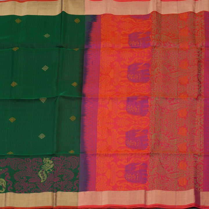 Hayagrivas Handloom Bottle Green Kanjivaram Soft Silk Saree with Tissue Border KBE1554K1-4