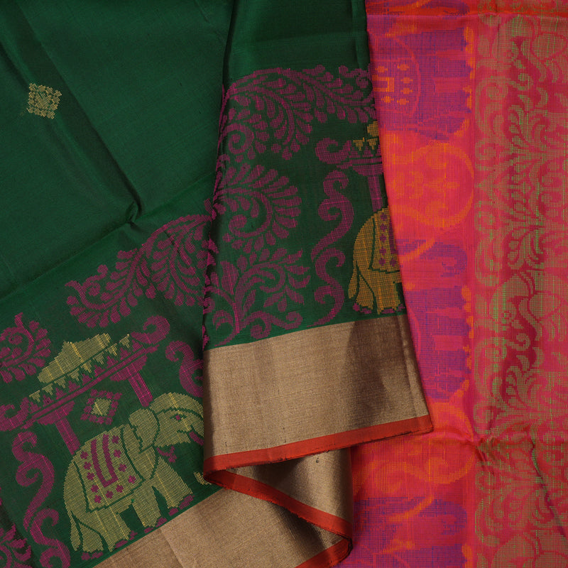 Hayagrivas Handloom Bottle Green Kanjivaram Soft Silk Saree with Tissue Border KBE1554K1-4