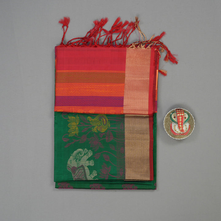 Hayagrivas Handloom Bottle Green Kanjivaram Soft Silk Saree with Tissue Border KBE1554K1-9