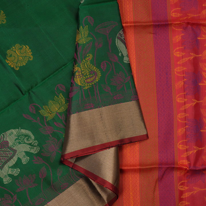 Hayagrivas Handloom Bottle Green Kanjivaram Soft Silk Saree with Tissue Border KBE1554K1-9