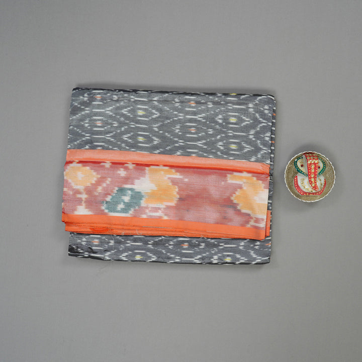 Hayagrivas Silver Grey Ikkat Semi Cotton Saree with Peach Orange Border KBE1558K2-4