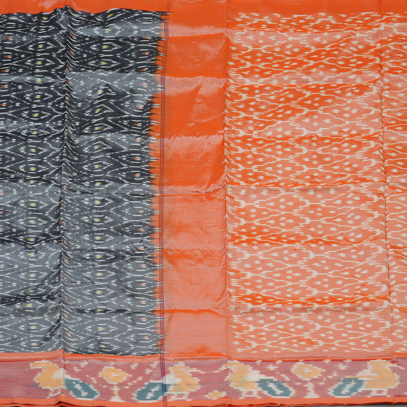Hayagrivas Silver Grey Ikkat Semi Cotton Saree with Peach Orange Border KBE1558K2-4