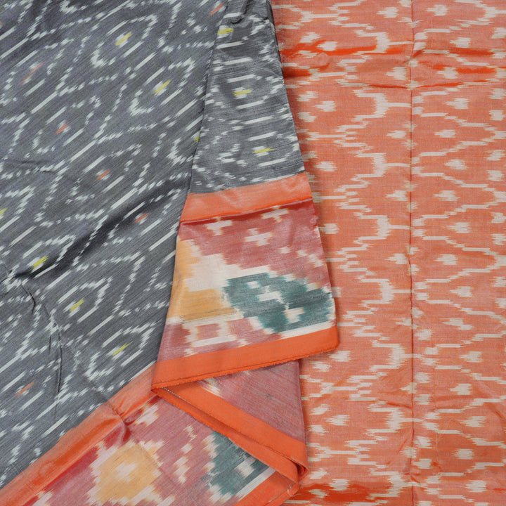 Hayagrivas Silver Grey Ikkat Semi Cotton Saree with Peach Orange Border KBE1558K2-4