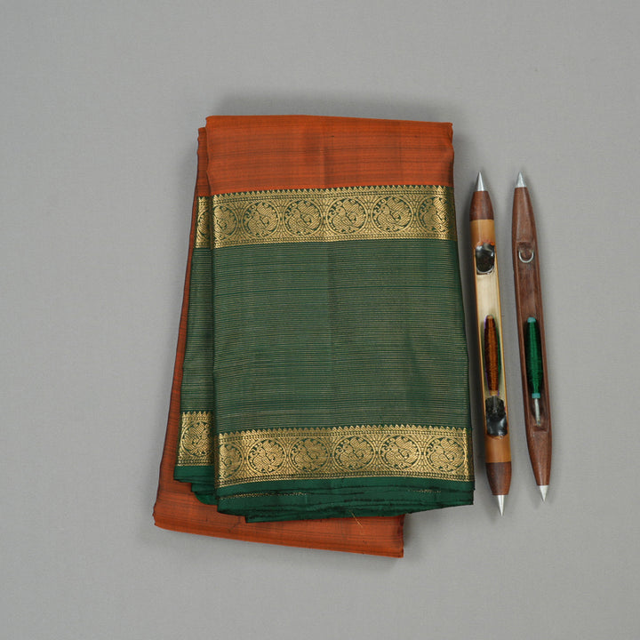 Hayagrivas Burnt Orange Handloom Kanjivaram Silk Saree with Bottle Green Border KBE155D17-1