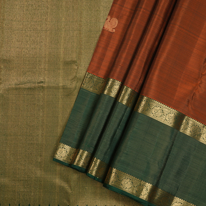 Hayagrivas Burnt Orange Handloom Kanjivaram Silk Saree with Bottle Green Border KBE155D17-1