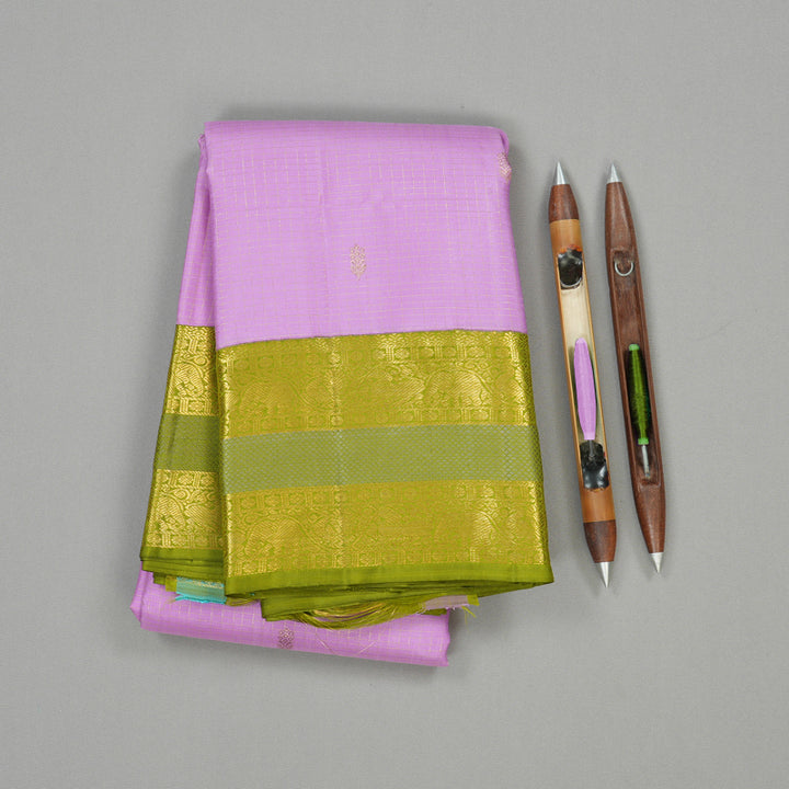 Hayagrivas Lavender Handloom Kanjivaram Silk Saree with Olive Green Border KBE155D5-1