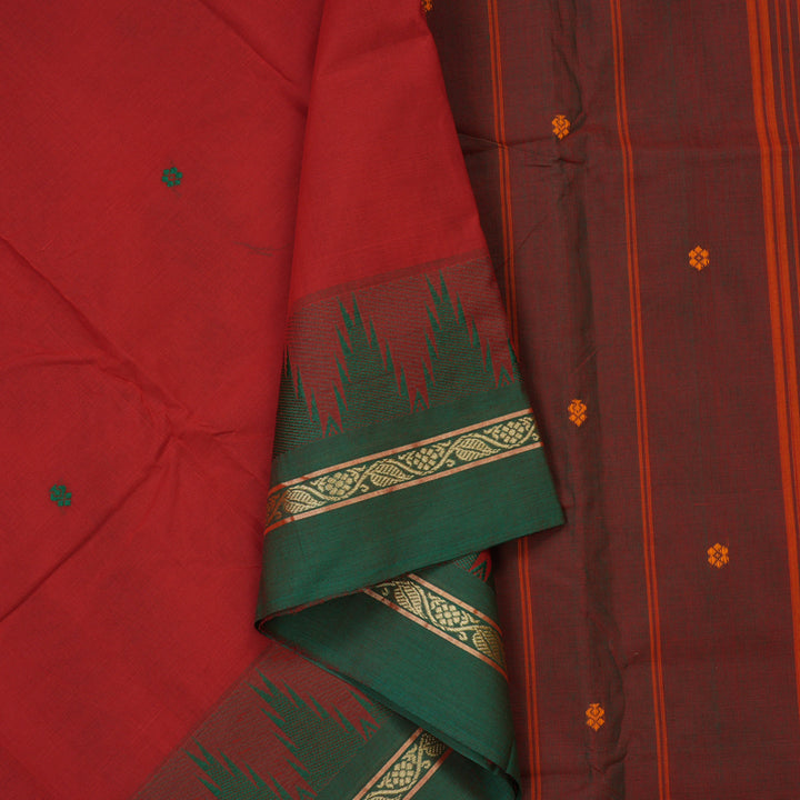 Hayagrivas Red Pure Chettinad Cotton Saree with Mild Green Border KBE1566K12-1