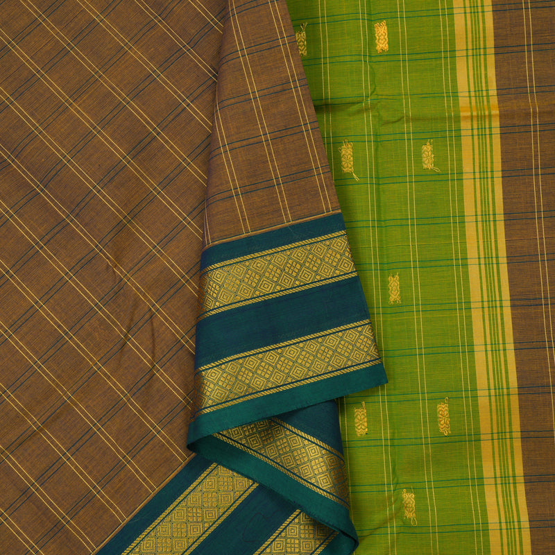 Hayagrivas Khaki Brown Pure Chettinad Cotton Saree with Peacock Green Border KBE1566K8-28