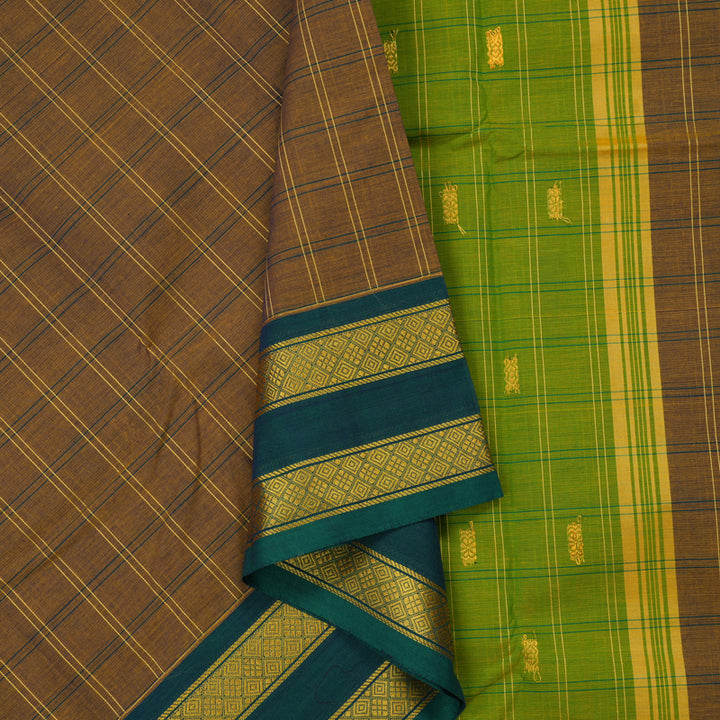 Hayagrivas Khaki Brown Pure Chettinad Cotton Saree with Peacock Green Border KBE1566K8-28