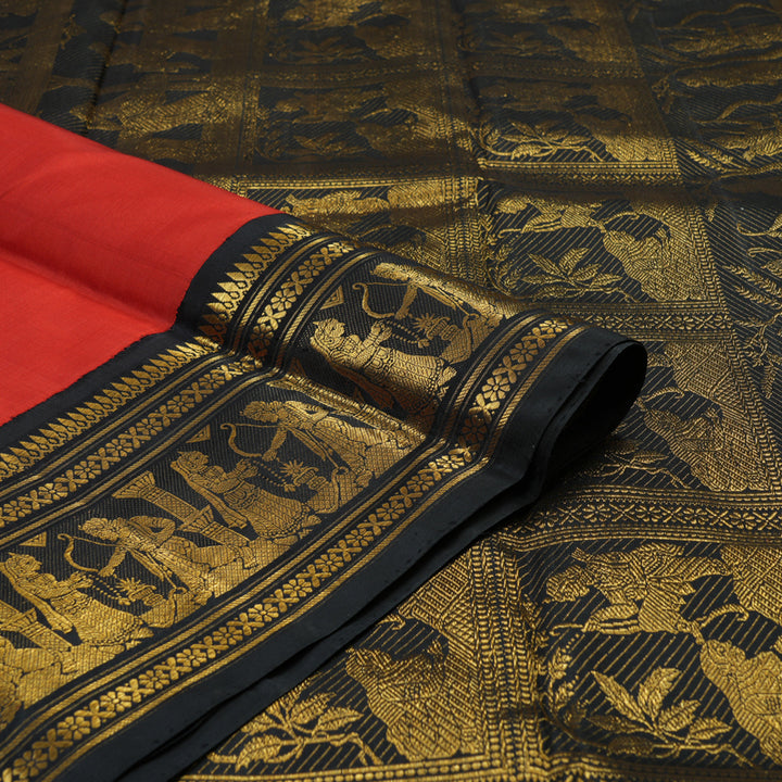 Hayagrivas Handloom Red Kanjivaram Silk Saree with Black Border KBE1568K12-1