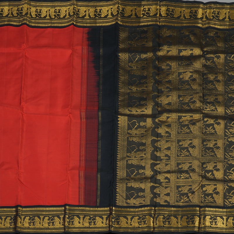 Hayagrivas Handloom Red Kanjivaram Silk Saree with Black Border KBE1568K12-1