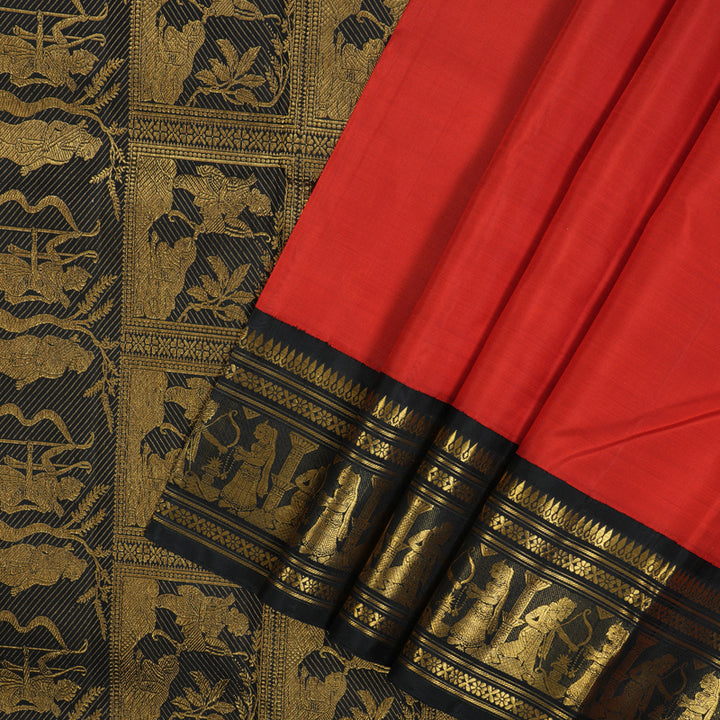 Hayagrivas Handloom Red Kanjivaram Silk Saree with Black Border KBE1568K12-1