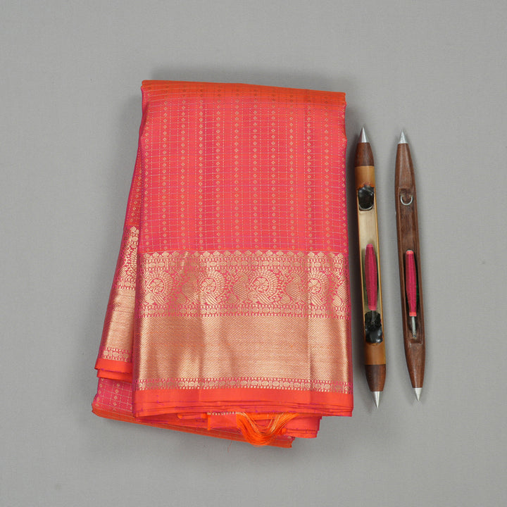 Hayagrivas Orangish Pink Handloom Kanjivaram Silk Saree KBE157D1-3