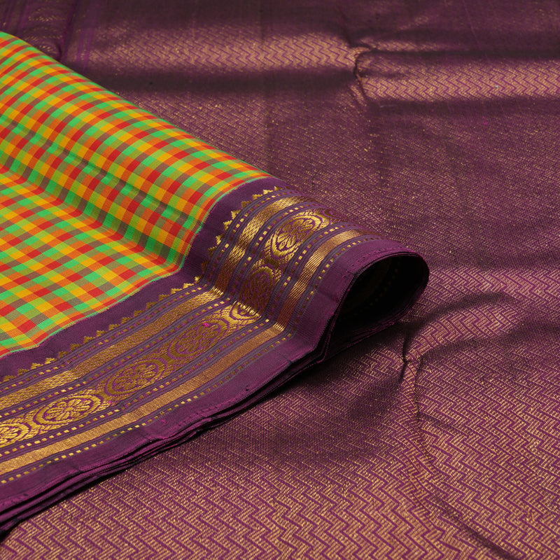 Hayagrivas Handloom Multicolour Checks Kanjivaram Silk Saree with Wine Purple border KBE1582K6-1