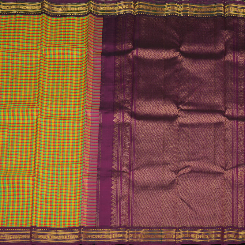Hayagrivas Handloom Multicolour Checks Kanjivaram Silk Saree with Wine Purple border KBE1582K6-1