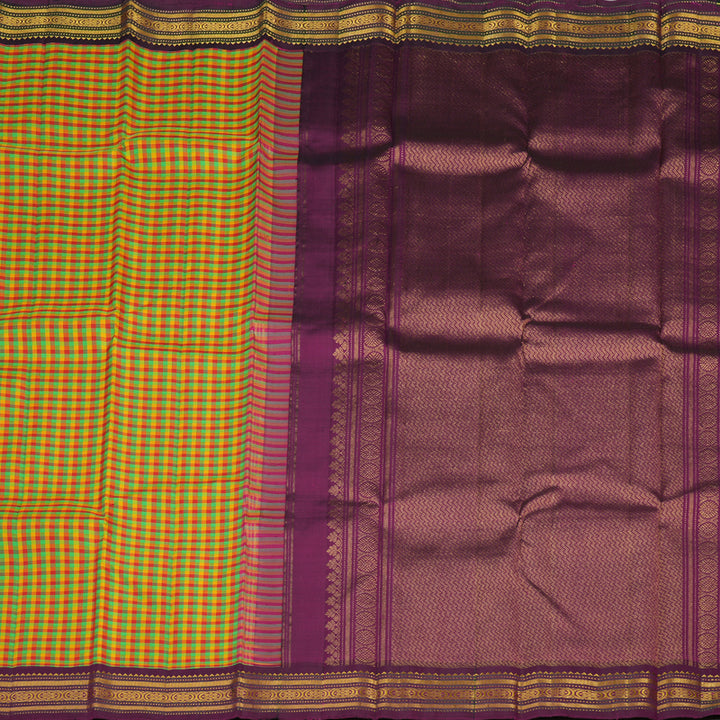 Hayagrivas Handloom Multicolour Checks Kanjivaram Silk Saree with Wine Purple border KBE1582K6-1