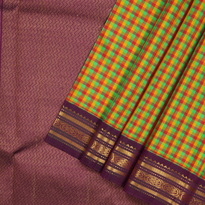 Hayagrivas Handloom Multicolour Checks Kanjivaram Silk Saree with Wine Purple border KBE1582K6-1