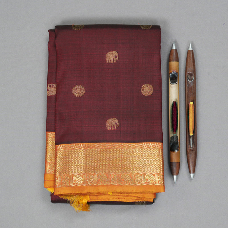 Hayagrivas Handloom Dark Maroon Kanjivaram Silk Saree with Golden Orange Border KBE1593K2-1