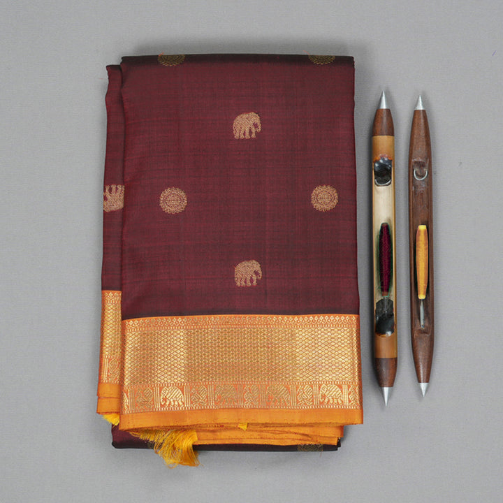Hayagrivas Handloom Dark Maroon Kanjivaram Silk Saree with Golden Orange Border KBE1593K2-1