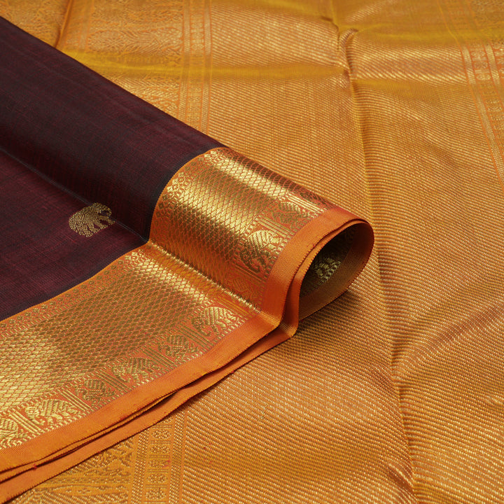 Hayagrivas Handloom Dark Maroon Kanjivaram Silk Saree with Golden Orange Border KBE1593K2-1