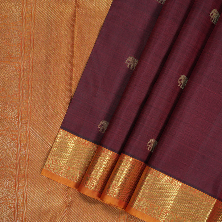 Hayagrivas Handloom Dark Maroon Kanjivaram Silk Saree with Golden Orange Border KBE1593K2-1