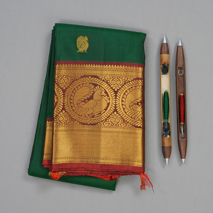 Hayagrivas Handloom Bottle Green Kanjivaram Silk Saree with Rust Orange Border KBE1697K7-1