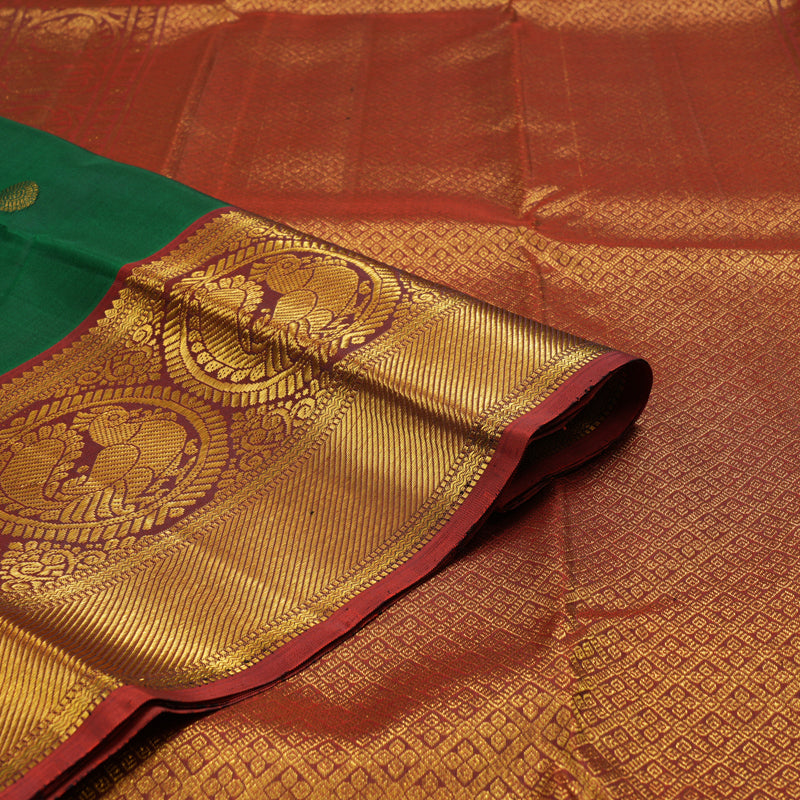 Hayagrivas Handloom Bottle Green Kanjivaram Silk Saree with Rust Orange Border KBE1697K7-1