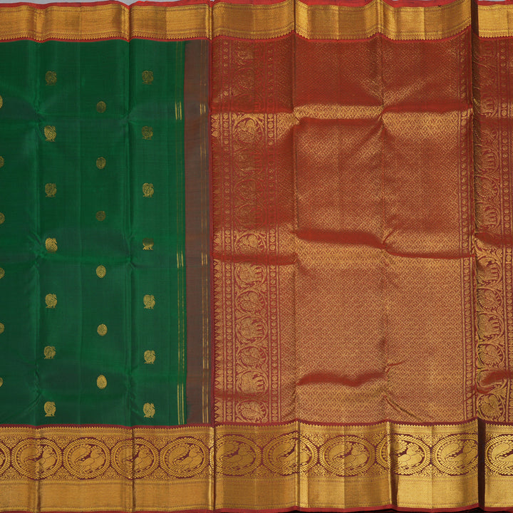 Hayagrivas Handloom Bottle Green Kanjivaram Silk Saree with Rust Orange Border KBE1697K7-1