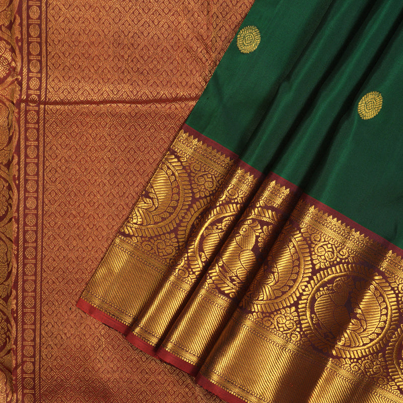 Hayagrivas Handloom Bottle Green Kanjivaram Silk Saree with Rust Orange Border KBE1697K7-1