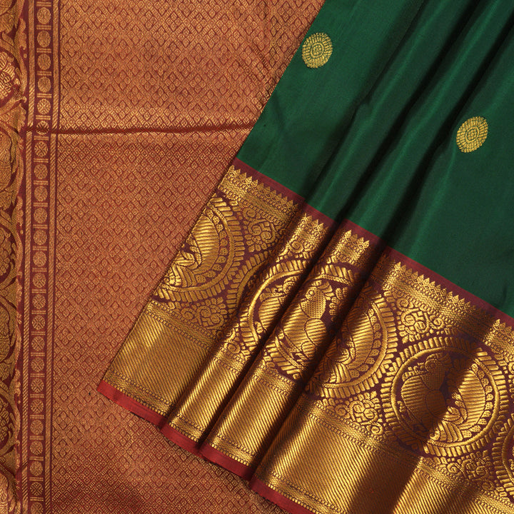 Hayagrivas Handloom Bottle Green Kanjivaram Silk Saree with Rust Orange Border KBE1697K7-1