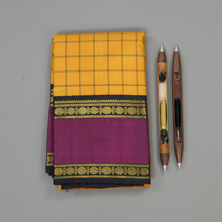 Hayagrivas Handloom Mustard Yellow Kanjivaram Silk Saree with Wine Purple border KBE1600K6-1