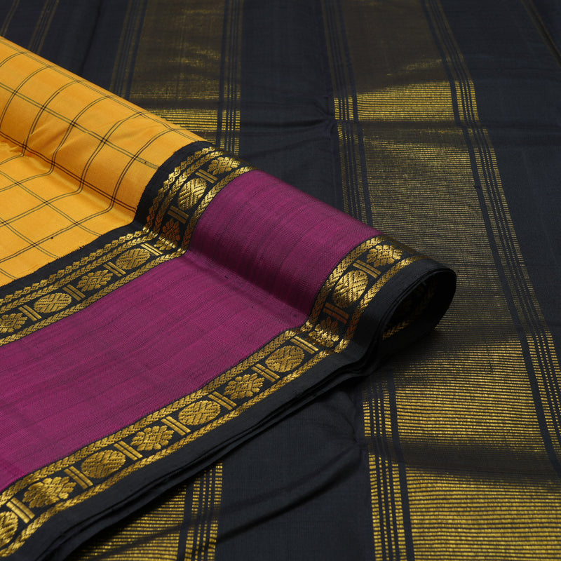 Hayagrivas Handloom Mustard Yellow Kanjivaram Silk Saree with Wine Purple border KBE1600K6-1