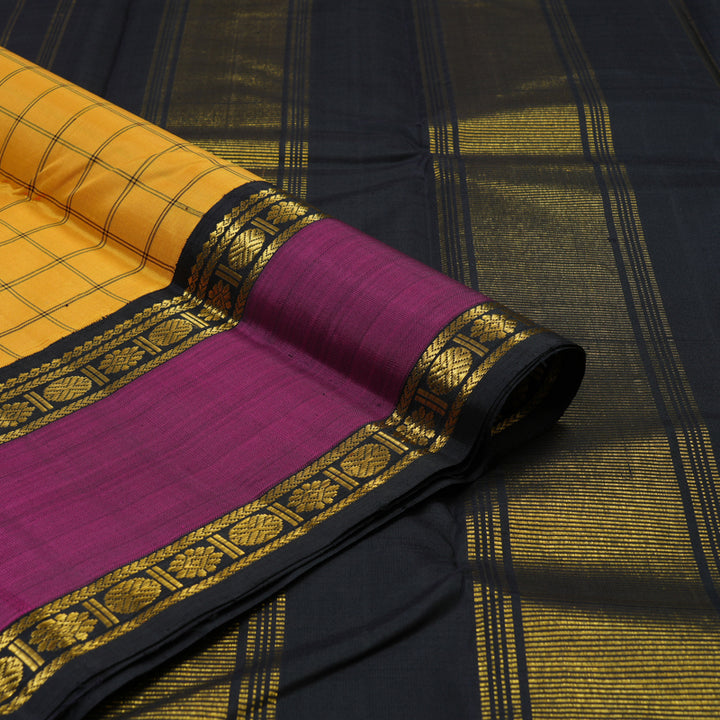Hayagrivas Handloom Mustard Yellow Kanjivaram Silk Saree with Wine Purple border KBE1600K6-1