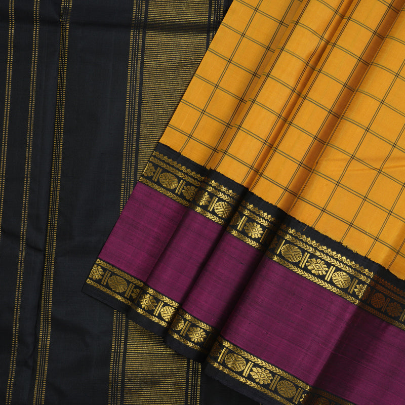 Hayagrivas Handloom Mustard Yellow Kanjivaram Silk Saree with Wine Purple border KBE1600K6-1