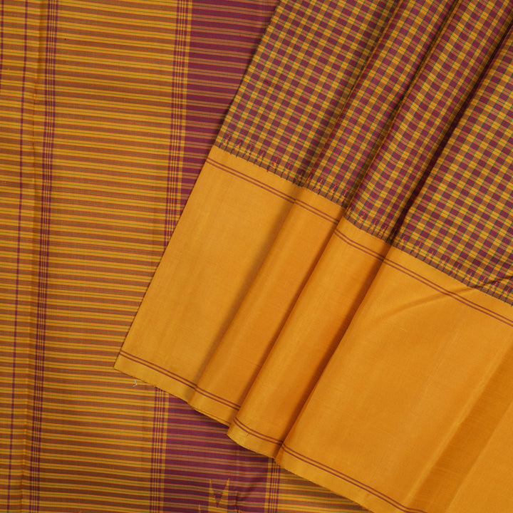 Hayagrivas Handloom Thread Work Silk Saree in Mustard & Maroon Checks KBE1601K2-1