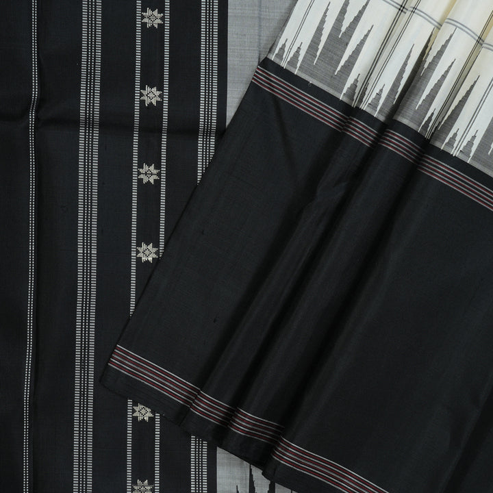 Hayagrivas Handloom Half-White Kanjivaram Silk Saree with Black Border KBE1601K3-1