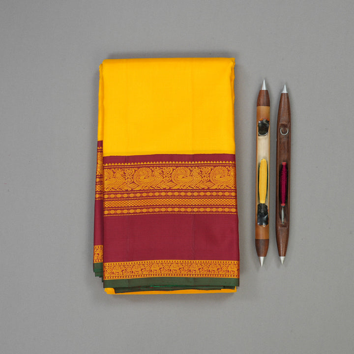 Hayagrivas Handloom Yellow Kanjivaram Silk Saree with Maroon Border KBE1601K4-1