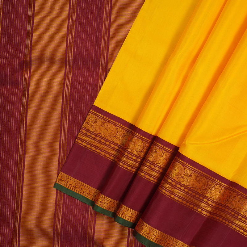Hayagrivas Handloom Yellow Kanjivaram Silk Saree with Maroon Border KBE1601K4-1