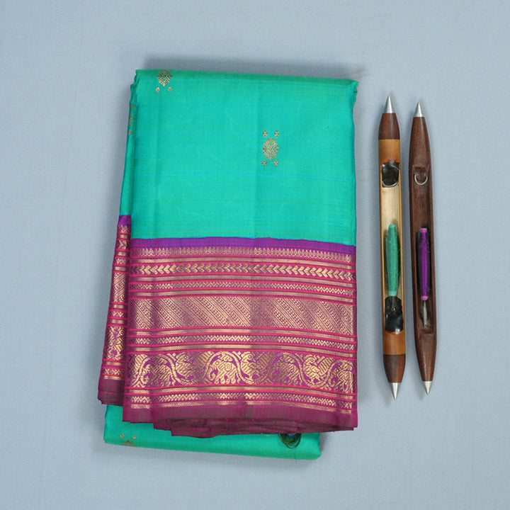 Hayagrivas Handloom Aqua Green Kanjivaram Silk Saree with Purple Border KBE1606K10-1