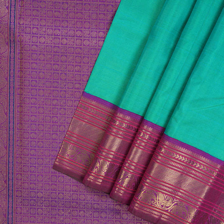 Hayagrivas Handloom Aqua Green Kanjivaram Silk Saree with Purple Border KBE1606K10-1