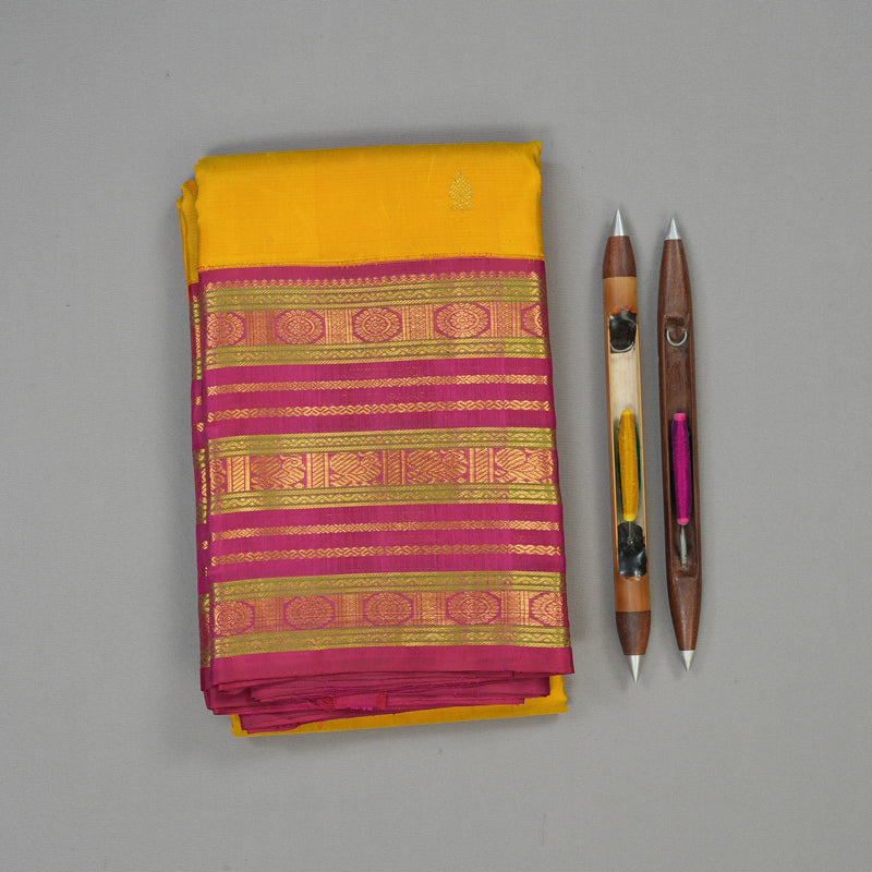 Hayagrivas Handloom Yellow Kanjivaram Silk Saree with Deep Pink Border KBE1606K12-1