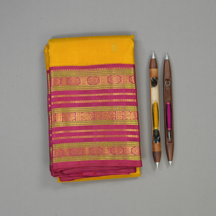 Hayagrivas Handloom Yellow Kanjivaram Silk Saree with Deep Pink Border KBE1606K12-1