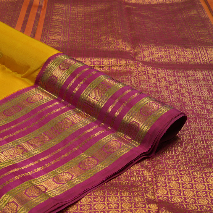 Hayagrivas Handloom Yellow Kanjivaram Silk Saree with Deep Pink Border KBE1606K12-1