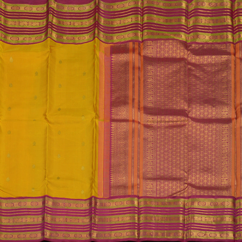 Hayagrivas Handloom Yellow Kanjivaram Silk Saree with Deep Pink Border KBE1606K12-1