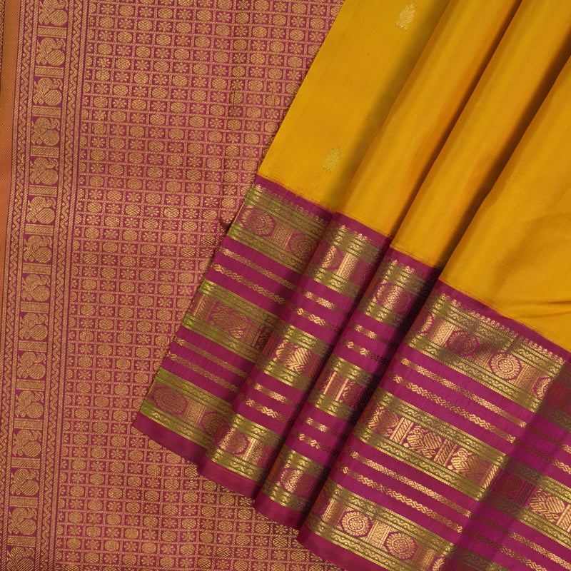 Hayagrivas Handloom Yellow Kanjivaram Silk Saree with Deep Pink Border KBE1606K12-1