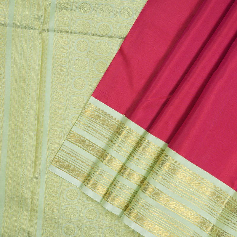 Hayagrivas Handloom Reddish-Pink Kanjivaram Silk Saree with Light Pista Green border KBE1606K31-1