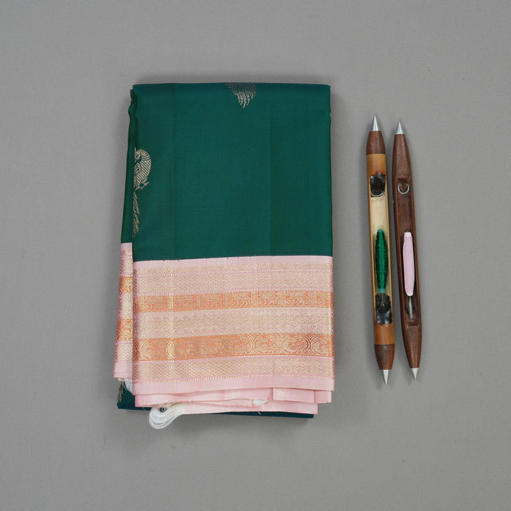 Hayagrivas Handloom Emerald Green Kanjivaram Silk Saree with Baby Pink Border KBE1606K32-1