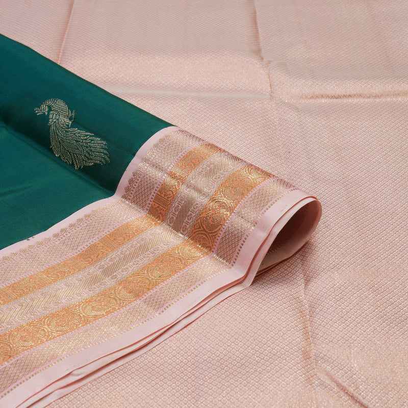Hayagrivas Handloom Emerald Green Kanjivaram Silk Saree with Baby Pink Border KBE1606K32-1